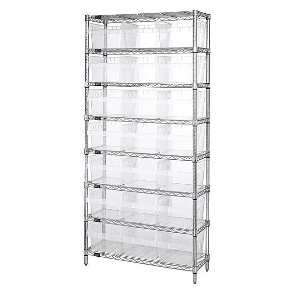 Steel Bin Shelving, 12 in W x 74 in H x 36 in D, 8 Shelves, Clear