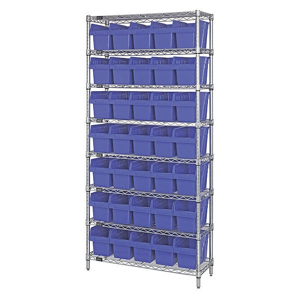 Steel Bin Shelving, 12 in W x 74 in H x 36 in D, 8 Shelves, Blue
