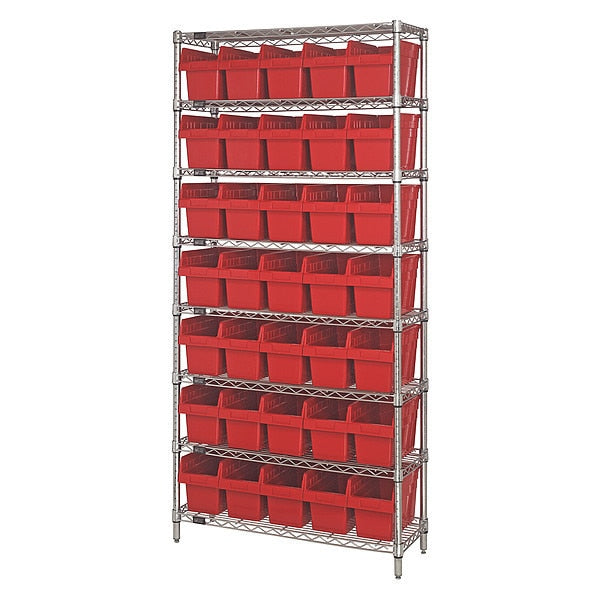Steel Bin Shelving, 18 in W x 74 in H x 36 in D, 8 Shelves, Red
