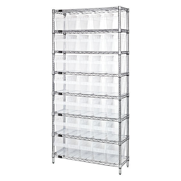 Steel Bin Shelving, 12 in W x 74 in H x 36 in D, 8 Shelves, Clear