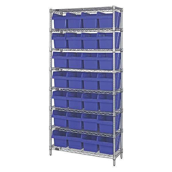 Steel Bin Shelving, 18 in W x 74 in H x 36 in D, 8 Shelves, Blue