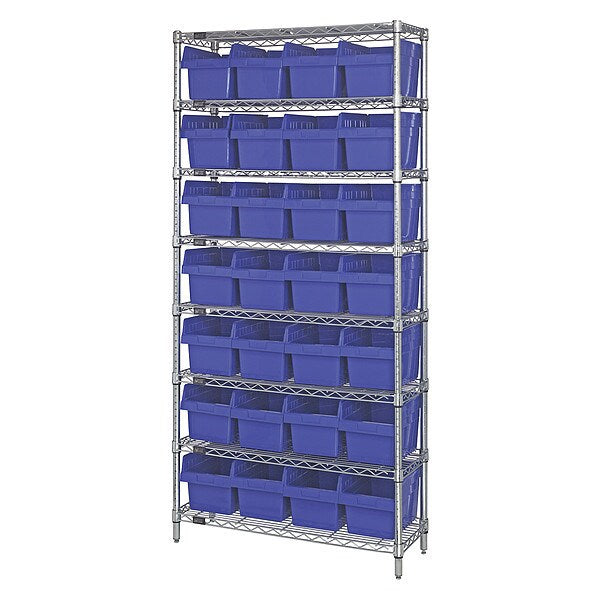 Steel Bin Shelving, 12 in W x 74 in H x 36 in D, 8 Shelves, Blue