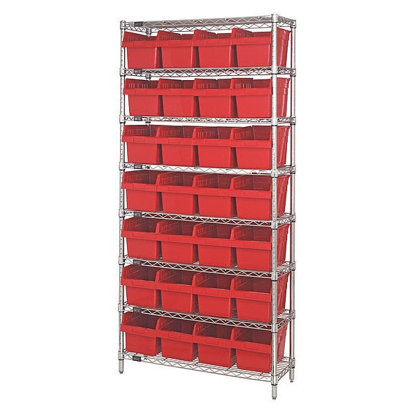 Steel Bin Shelving, 18 in W x 74 in H x 36 in D, 8 Shelves, Red