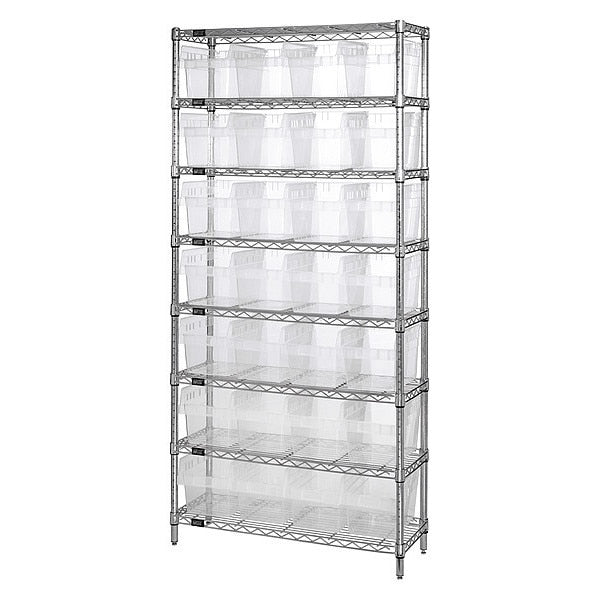 Steel Bin Shelving, 12 in W x 74 in H x 36 in D, 8 Shelves, Clear