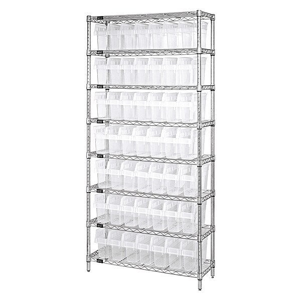 Steel Bin Shelving, 18 in W x 74 in H x 36 in D, 8 Shelves, Clear