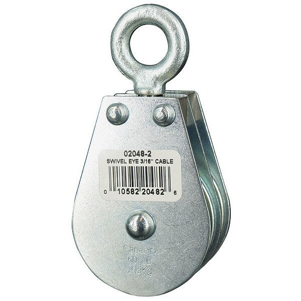 Pulley Block, Wire Rope, 3/16 in Max Cable Size, 600 lb Max Load, Zinc Plated