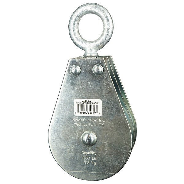 Pulley Block, Wire Rope, 5/16 in Max Cable Size, 1,550 lb Max Load, Zinc Plated