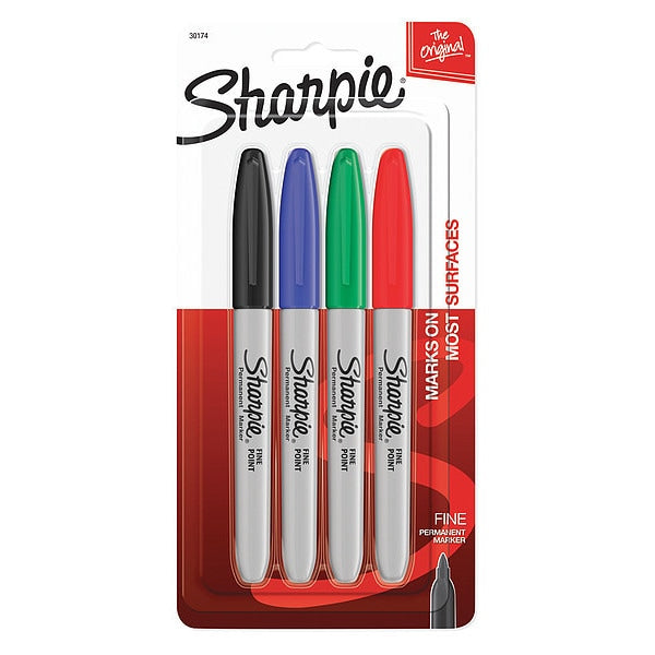 Permanent Marker, Blk, Blue, Grn, Red, PK4