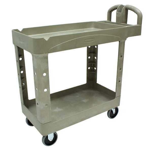 Plastic Utility Cart with Deep Lipped Plastic Shelves, Ergonomic, 2 Shelves, 500 lb