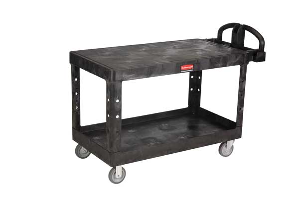 Plastic Utility Cart with Deep Lipped & Flush Plastic Shelves, Ergonomic, 2 Shelves, 750 lb