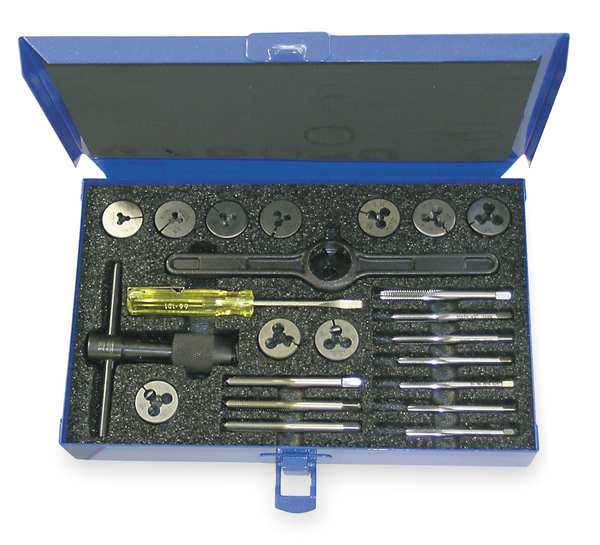 23PC HSS Plug Hand Tap and Carbon Round Adj. Die Set Cle-Line 10 Sizes #4-40 To #12-28 UNC and UNF
