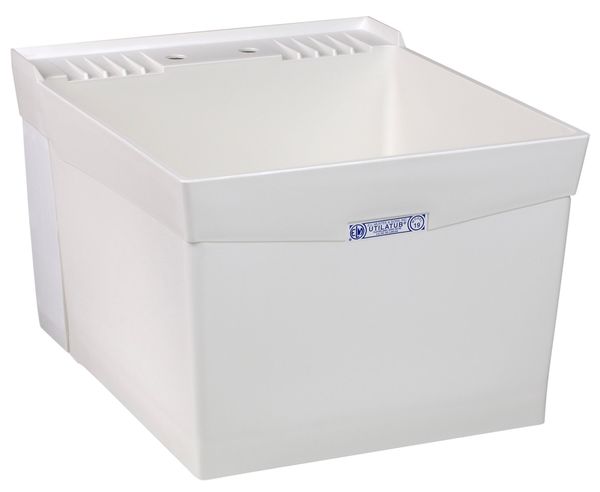 Laundry Tub, 34 in H, 20 in W, 24 in L, 3 Faucet Holes, Wall Mount, Polypropylene, White