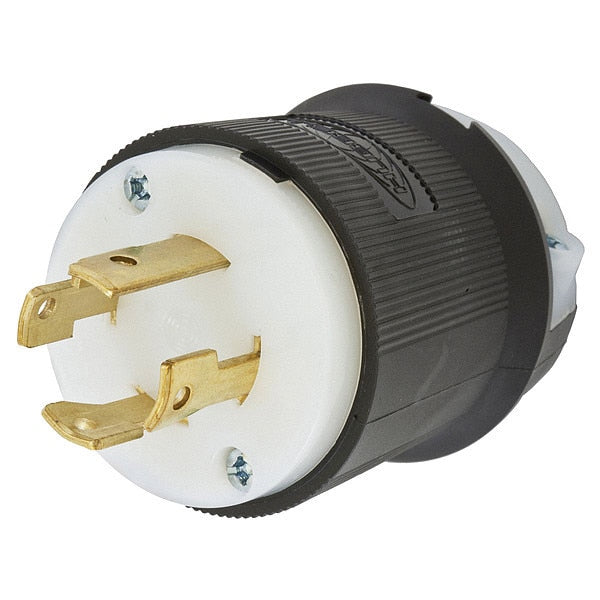 Locking Plug, 30 A, 250V AC, 3 Poles, L15-30P, 16 AWG to 8 AWG, Screw Terminals, Black/White