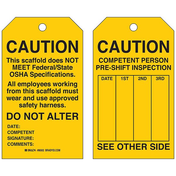 Caut Tag, 7 x 4 In, Bk/Yel, Met, 3/8 In, PK10