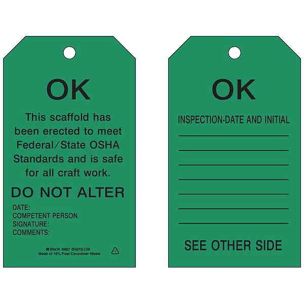 Scaffold OK Tag, 7 x 4 In, Bk/Grn, PK10