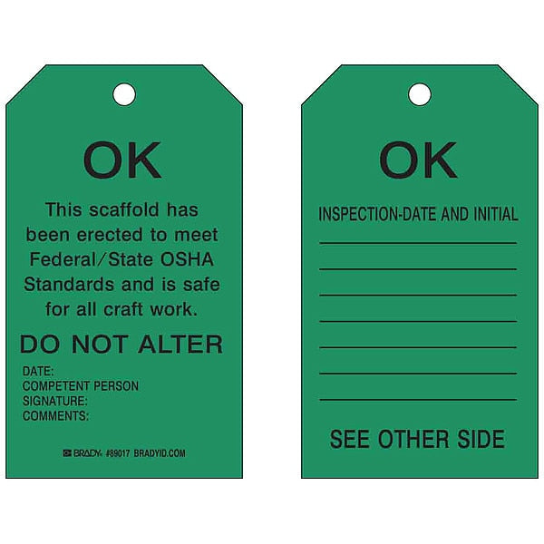 Scaffold OK Tag, 7 x 4 In, Bk/Grn, PK10