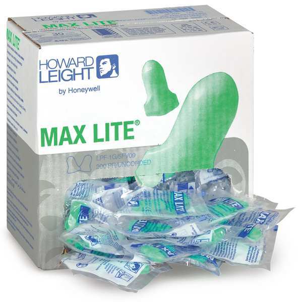 Max Lite, Disposable Uncorded Earplugs, Foam, Contoured-T Shape, 30 dB NRR, Green, 200 Pairs/Box