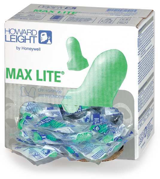 Max Lite, Disposable Uncorded Earplugs, Foam, Contoured-T Shape, 30 dB NRR, Green, 200 Pairs/Box