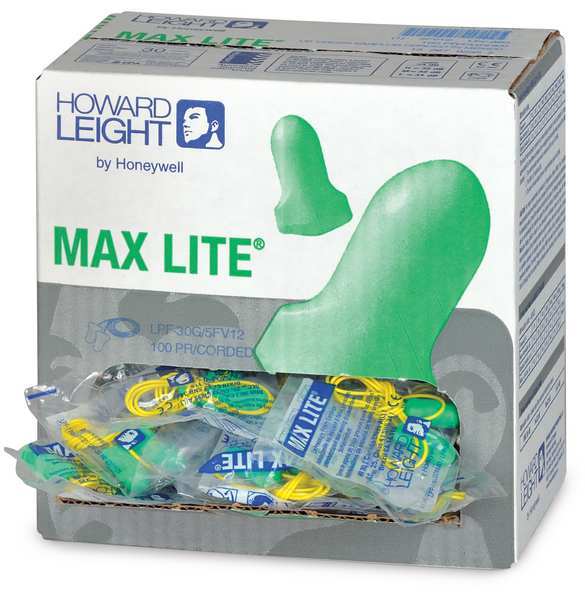 Max Lite Disposable Corded Earplugs, Foam, Contoured-T Shape, NRR 30 dB, Green/Yellow, 100 Pairs
