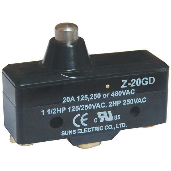 Industrial Snap Action Switch, Plunger, Short Actuator, SPDT, 20A @ 480V AC Contact Rating