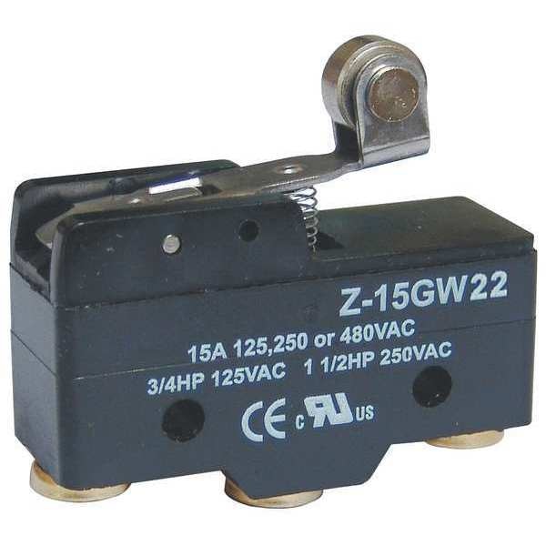 Industrial Snap Action Switch, Hinge Roller, Lever Actuator, SPDT, 15A @ 480V AC Contact Rating