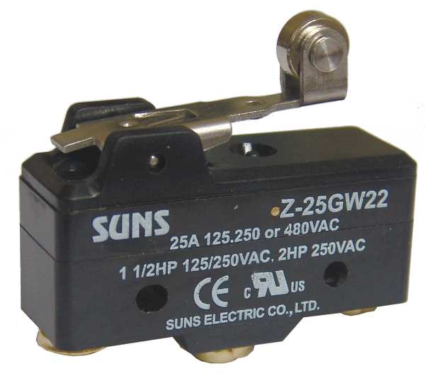 Industrial Snap Action Switch, Hinge Roller, Lever Actuator, SPDT, 25A @ 480V AC Contact Rating