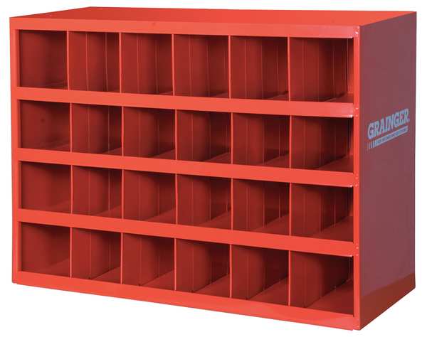 Prime Cold Rolled Steel Pigeonhole Bin Unit, 12 in D x 23 7/8 in H x 33 3/4 in W, 4 Shelves, Red
