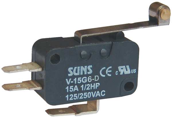Miniature Snap Action Switch, Lever, Long, Roller Actuator, SPDT, 15A @ 240V AC Contact Rating