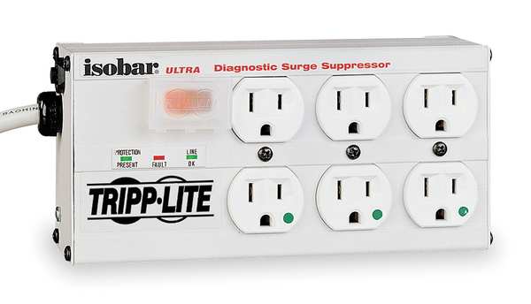 Surge Protector Strip, 6 Outlet, Gray
