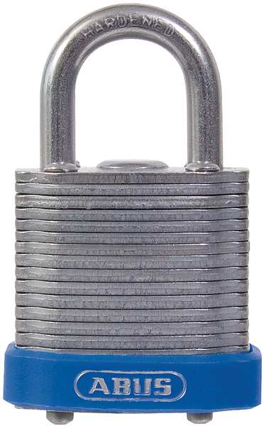 Keyed Padlock, Open, Square Recycled Steel Body, Hardened Steel Shackle, 11/16 in W