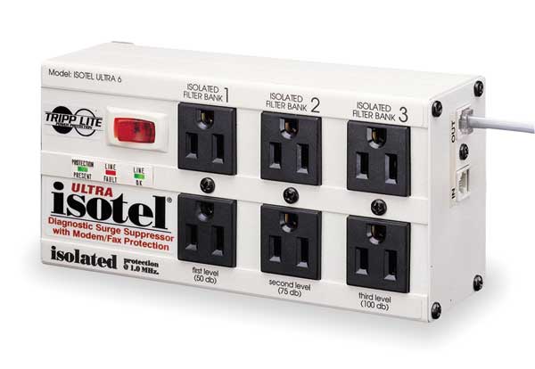 Surge Protector Strip, 6 Outlet, Gray