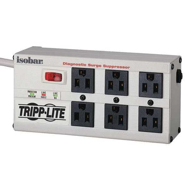 Surge Protector Strip, 6 Outlet, Gray