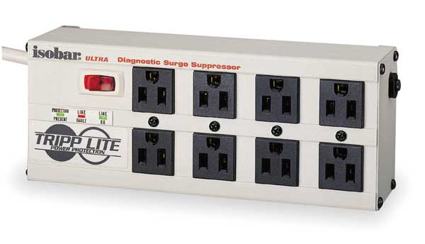 Surge Protector Strip, 8 Outlet, Gray