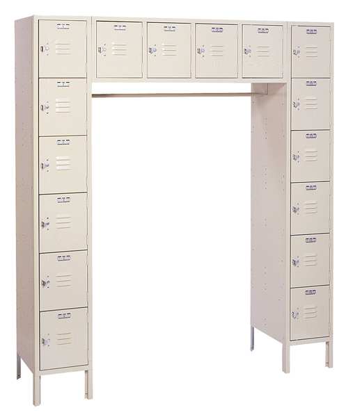 Box Locker Unit with Coat Rod, 69 in W, 18 in D, 78 in H, (6) Tier, (6) Wide, Putty