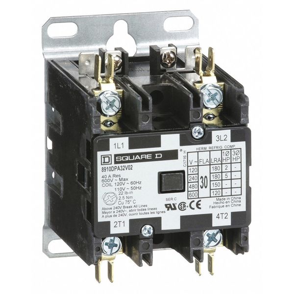 120VAC Non-Reversing Definite Purpose Contactor 2P 30A, Width: 2.5 in