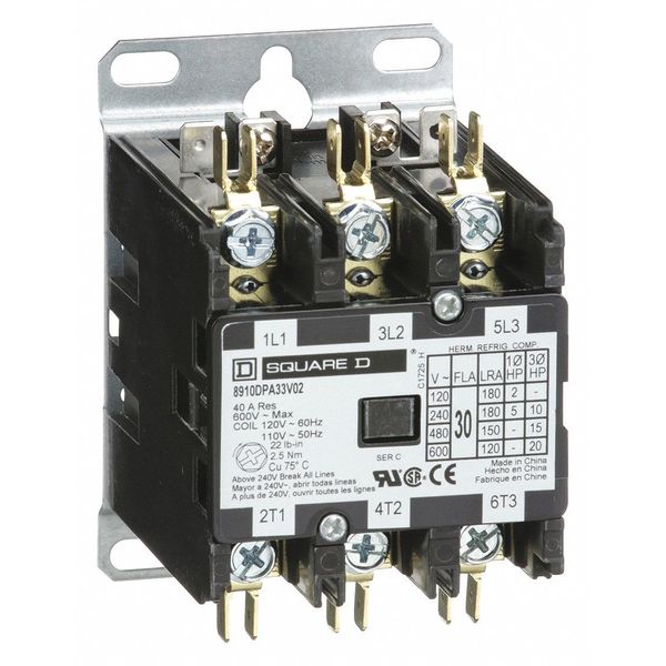 Definite Purpose Magnetic Contactor, 3 Poles, 30 A Full Load Amps-Inductive, 120V AC, 50/60 Hz