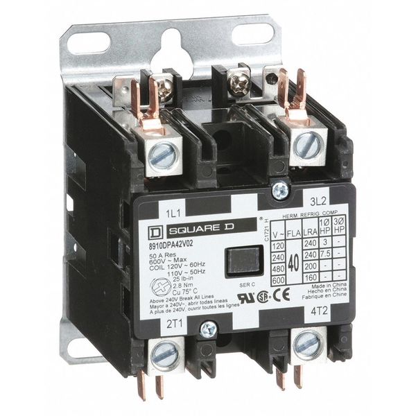 120VAC Non-Reversing Definite Purpose Contactor 2P 40A, Width: 2.5 in