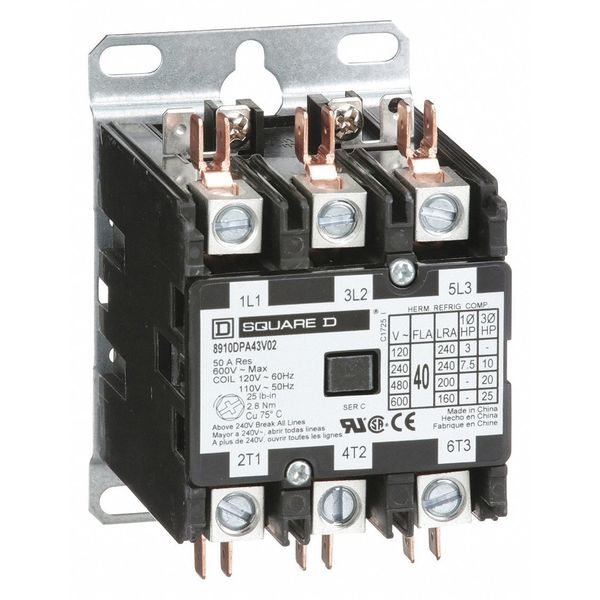Definite Purpose Magnetic Contactor, 3 Poles, 40 A Full Load Amps-Inductive, 120V AC, 50/60 Hz