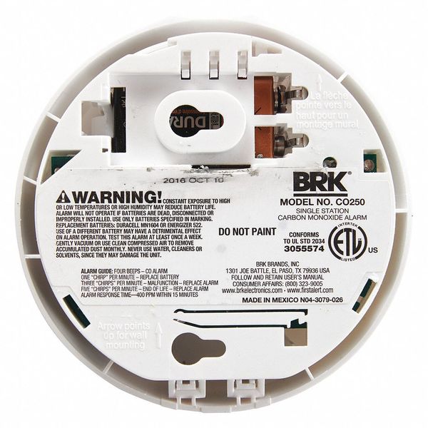 Carbon Monoxide Alarm, Electrochemical Sensor, 85 dB @ 10 ft Audible Alert, 9V