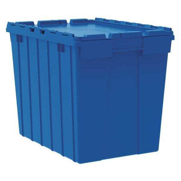 17 gal Attached Lid Container, Blue, Plastic, Steel Hinge