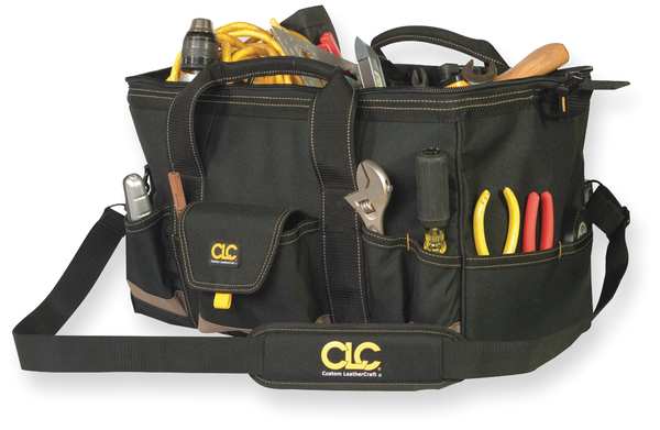 Wide-Mouth Tool Bag, Polyester, 31 Pockets, Black/Tan, 11
