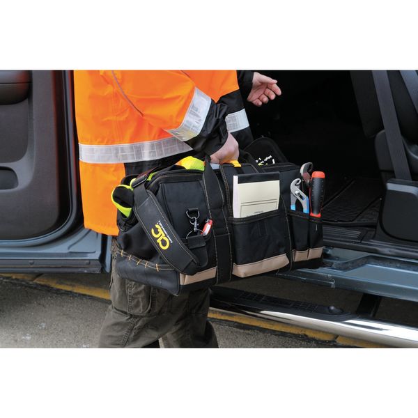 Wide-Mouth Tool Bag, Polyester, 31 Pockets, Black/Tan, 11