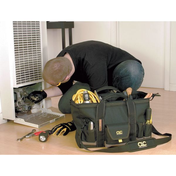 Wide-Mouth Tool Bag, Polyester, 31 Pockets, Black/Tan, 11
