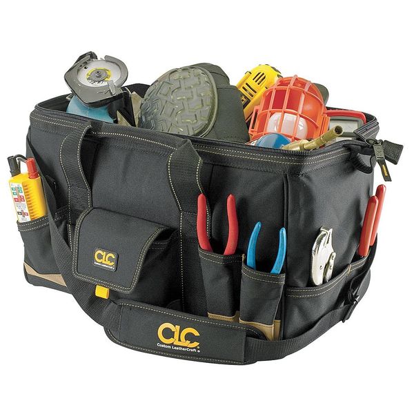 Wide-Mouth Tool Bag, Polyester, 31 Pockets, Black/Tan, 11