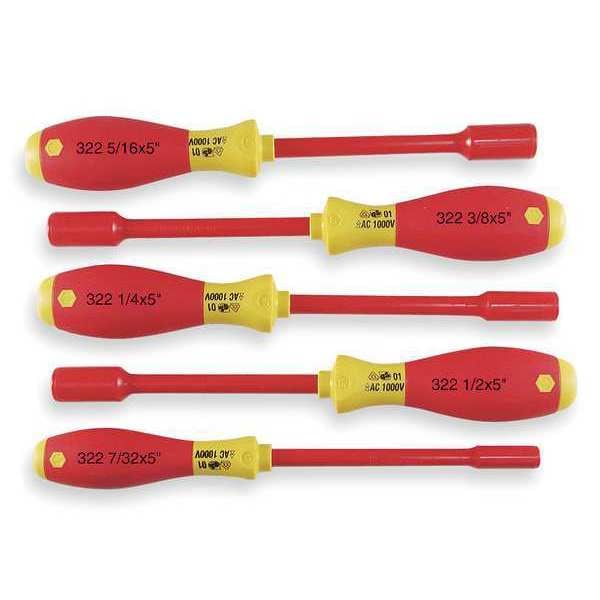 Nut Driver Set, 5 Pieces, SAE, Solid, Ins
