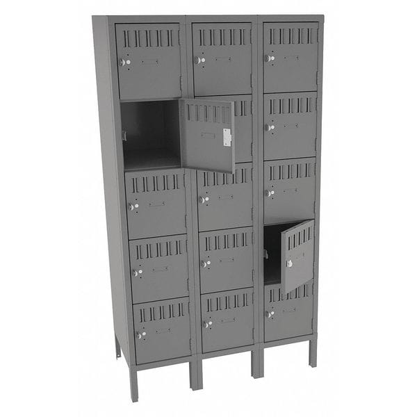 Box Locker, 36 in W, 18 in D, 66 in H, (3) Wide, (15) Openings, Gray