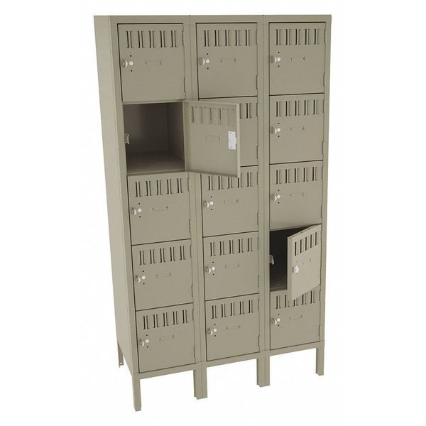 Box Locker, 36 in W, 18 in D, 66 in H, (3) Wide, (15) Openings, Sand