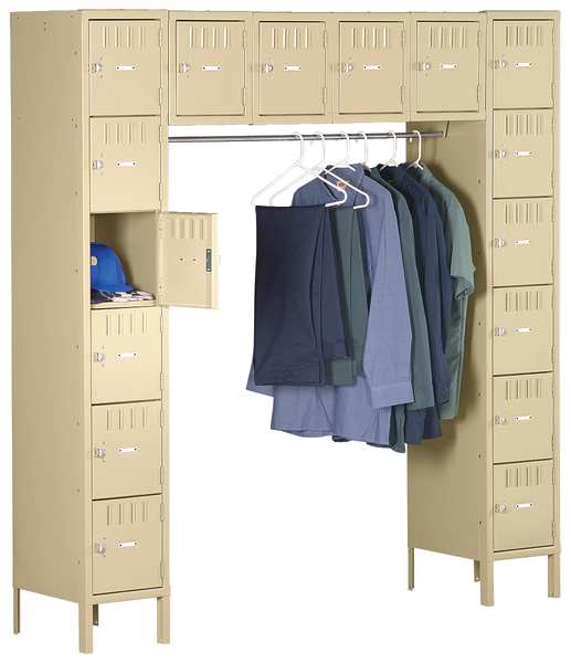 Box Locker Unit with Coat Rod, 72 in W, 18 in D, 78 in H, (6) Tier, (6) Wide, Sand