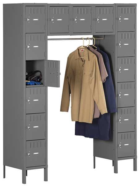 Box Locker Unit with Coat Rod, 60 in W, 18 in D, 78 in H, (5) Wide, (15) Openings, Gray