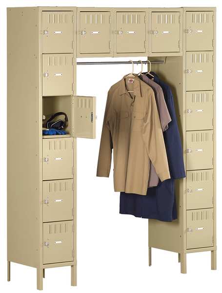 Box Locker Unit with Coat Rod, 60 in W, 18 in D, 78 in H, (5) Wide, (15) Openings, Sand